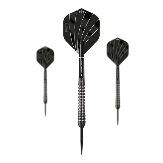 Das Bild zeigt drei Steeldarts des Modells "Mission Spiro Model 2" mit einem Gewicht von 22g. Die Darts sind schwarz mit silbernen Akzenten und haben auffällige Flights mit weißen Linien.