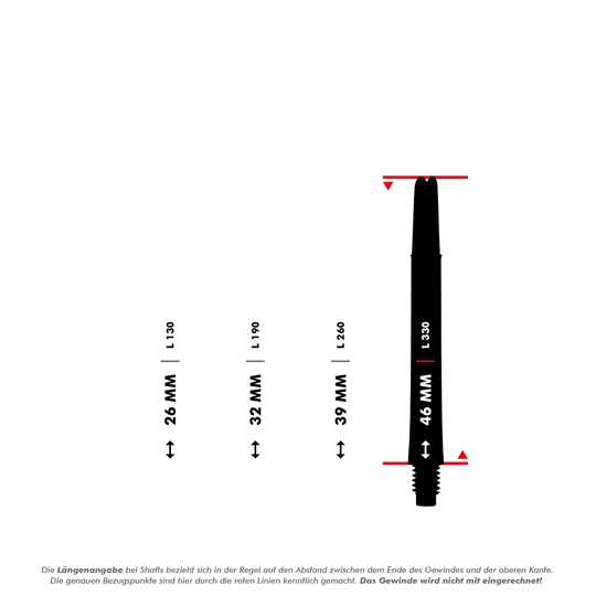 L-L-Style-Shafts Locked Straight - Black Das Bild zeigt verschiedene Längen von Dartshafts, die in Millimetern angegeben sind. Die größte dargestellte Länge ist 46 mm, gemessen ohne das Gewinde.