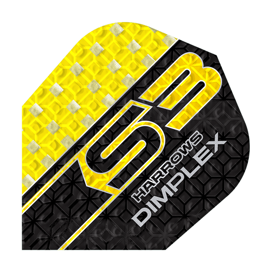 Vols Harrows Dimplex S3 - Jaune Das Bild zeigt das Produkt "Harrows Dimplex S3 Flights - Gelb". Das Flight ist gelb und schwarz mit silbernen Details und einem strukturierten Muster gestaltet.