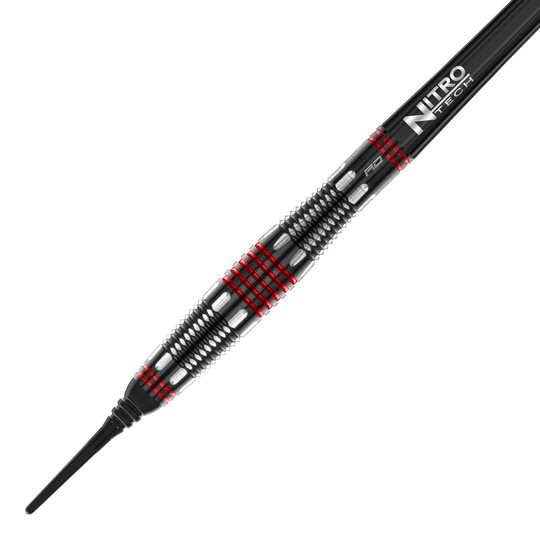 Fléchettes souples Red Dragon Marlin Venom - 22 g Das Bild zeigt den Red Dragon Marlin Venom Softdart mit einem Gewicht von 22 Gramm. Der Dart hat ein schwarzes und silbernes Design mit auffälligen roten Ringen und einer „Nitro Tech“-Beschriftung.