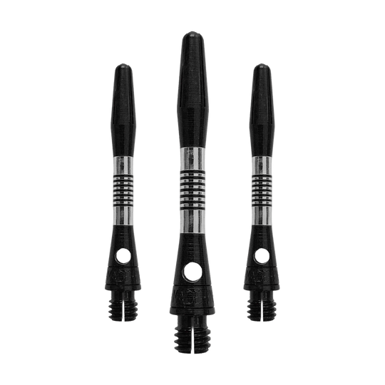 Tiges en aluminium Bulls NL Cetra - Noires Das Bild zeigt ein Set von schwarzen Aluminium-Dartschäften. Alle Schäfte haben eine Länge von 34mm.