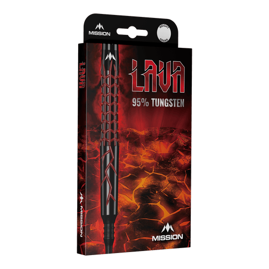 Fléchettes en mousse Mission Lava - 20 g Die Abbildung zeigt die Verpackung der "Mission Lava Softdarts - 20g". Auf der Verpackung steht "95% Tungsten" und sie ist mit einem Lava-Motiv gestaltet.