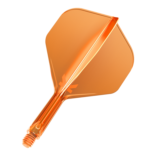 Dies ist ein neonorangefarbener Dartflight mit einem integrierten Schaft. Er hat eine glänzende Oberfläche und eine standardisierte Form.