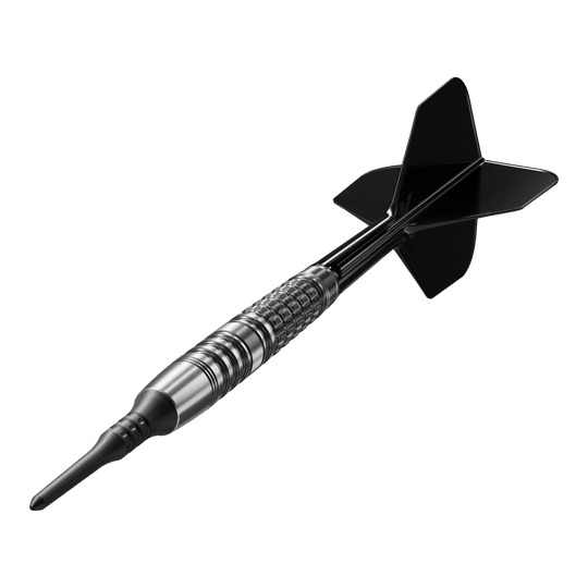 Das Bild zeigt einen Target Japan Black Marque Lumiere GEN3 Softdart mit einem Gewicht von 18,5g. Der Dartpfeil hat ein elegantes, schwarzes Design und eine strukturierte Griffzone.