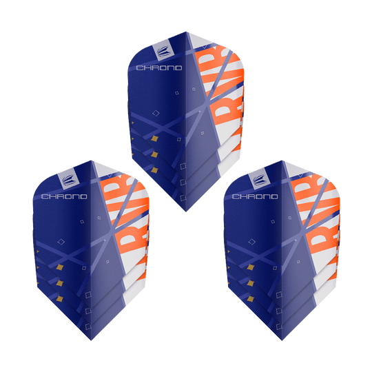 Ailettes standard Target Pro Ultra Raymond Van Barneveld Chrono Ten-X - 3 jeux Das Bild zeigt drei Sätze Target Pro Ultra Raymond Van Barneveld Chrono Ten-X Standard Flights. Die Flights sind überwiegend blau mit weißen und orangefarbenen Akzenten gestaltet.