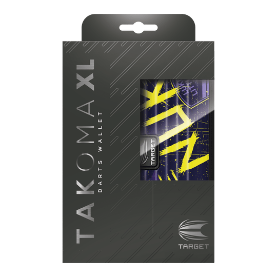 Das Bild zeigt die Verpackung des Target Takoma XL Dartcases, das speziell für Luke Littler designt wurde. Die Verpackung ist überwiegend schwarz mit gelben und violetten Akzenten auf dem Dartcase selbst.