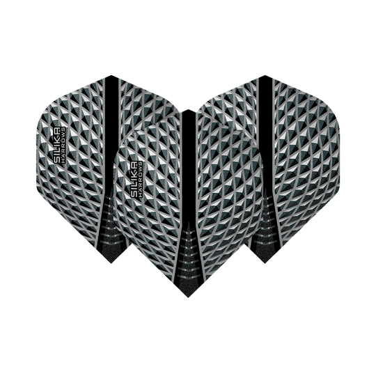 HR85_Harrows_Silika_Smokey_No2_Standard_Flights_1wn8mlLTC5gFov Das Bild zeigt die Harrows Silika Smokey No2 Standard Flights. Sie haben ein silber-schwarzes, geometrisches Muster mit dem Schriftzug "Silika Harrows".