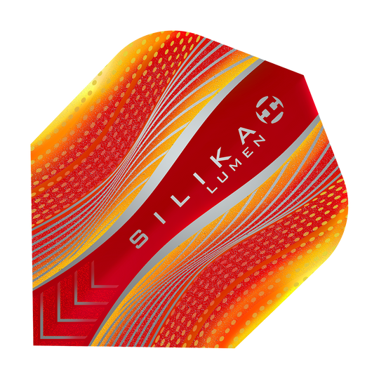 Dies ist ein Harrows Silika Lumen Flight in den Farben Gelb und Rot. Auf dem Flight steht der Schriftzug "SILIKA LUMEN".