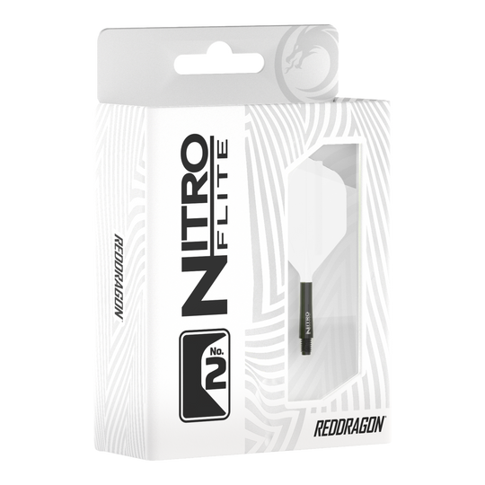 Ailettes Red Dragon Nitroflite à tige noire et ailettes blanches n° 2 Abgebildet ist Red Dragon Nitroflite Black Shaft White Flights No2. Zu sehen sind schwarze Dart-Schäfte mit weißen Flights.