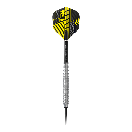 Fléchettes souples parallèles Harrows NX90 Das Bild zeigt einen Harrows NX90 Parallel Softdart mit silbernem Schaft und schwarzem Flight. Der Flight hat ein modernes gelb-schwarzes Design.