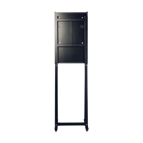 Das Bild zeigt die Rückseite eines Karella E-MASTER Dartautomaten mit Münzeinwurf. Zu sehen ist ein schwarzes, rechteckiges Gehäuse mit verschließbaren Fächern.