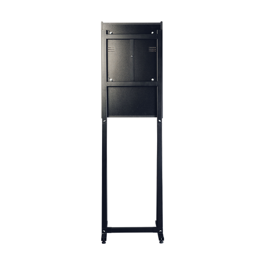 Karella_E-Master_Dartautomat_Standfuss_Mit_M-nzeinwurf_2 Das Bild zeigt die Rückseite eines Karella E-MASTER Dartautomaten mit Münzeinwurf. Zu sehen ist ein schwarzes, rechteckiges Gehäuse mit verschließbaren Fächern.