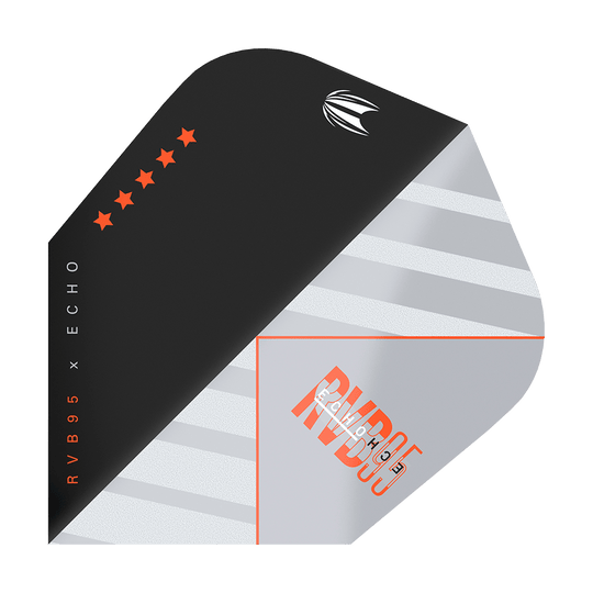 TG86_336730_Target_ProUltra_RvB95_X_Echo_Ten-X_Flights_1a Das Bild zeigt das Produkt „Target Pro Ultra RvB95 X Echo Ten-X Flights“. Das Flight-Design ist schwarz und silber mit orangefarbenen Akzenten und fünf Sternen.