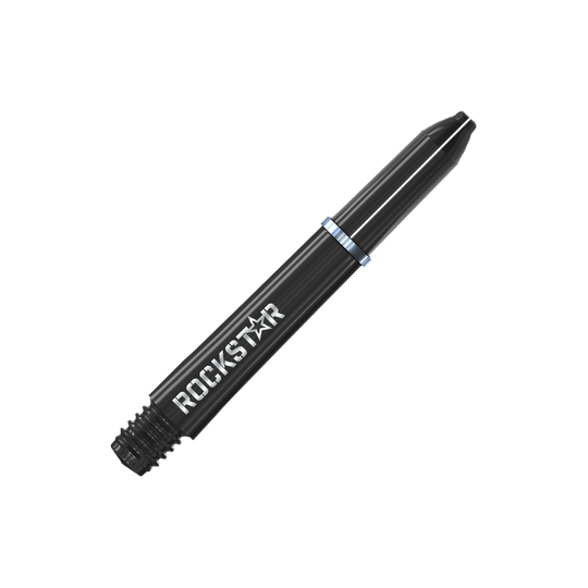 Manche en nylon Winmau Joe Cullen Rockstar Noir Auf dem Bild ist ein schwarzer Dart-Schaft mit der Aufschrift "ROCKSTAR" zu sehen. Der Schaft hat einen silbernen Ring in der Mitte.