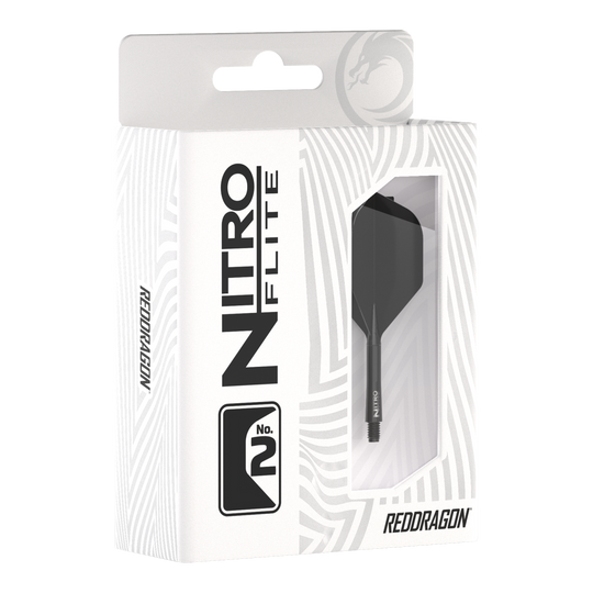 Die Verpackung zeigt das Produkt "Red Dragon Nitroflite - Black Shaft Black No2 Flights". Im Sichtfenster ist ein schwarzer Dart-Schaft mit schwarzem Flight zu sehen.