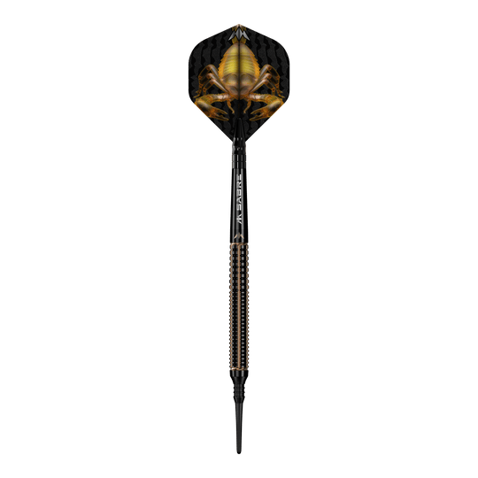 Fléchettes souples Mission Scorpion - 19 g Das Bild zeigt einen Softdart namens "Mission Scorpion Softdarts - 19g". Auf dem Flight ist ein auffälliges Skorpion-Design in Gelb und Schwarz zu sehen.