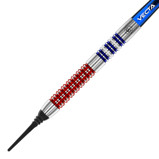 Fléchettes souples Winmau Garrett Rakowski - 20g Auf dem Bild ist ein Softdart des Modells "Winmau Garrett Rakowski Softdarts - 20g" zu sehen. Der Dart hat ein auffälliges Design mit roten und blauen Ringen auf dem silbernen Barrel.
