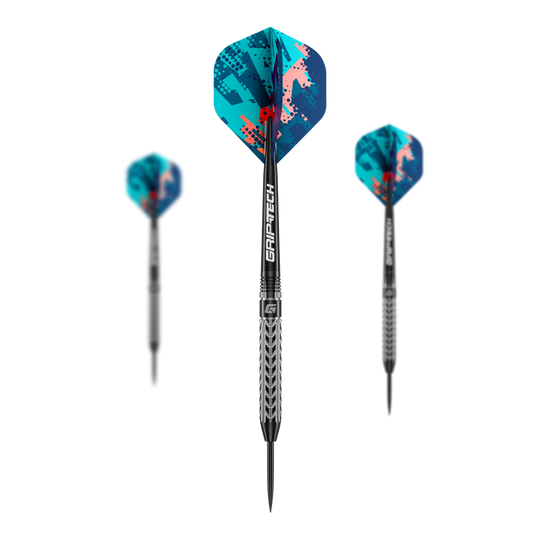 Fléchettes GOAT Traction en acier tungstène Das Bild zeigt drei GOAT Traction Tungsten Steeldarts mit bunten Flights in Blau- und Rottönen. Auf dem Mittelteil der Darts steht "GRIPTECH" geschrieben.