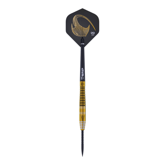 Fléchettes en acier Bulls Stingray ST3 Dies ist ein Steeldart aus der Bulls Stingray ST3 Serie. Der Dart hat ein schwarzes und goldenes Design mit feinen Rillen am Barrel.