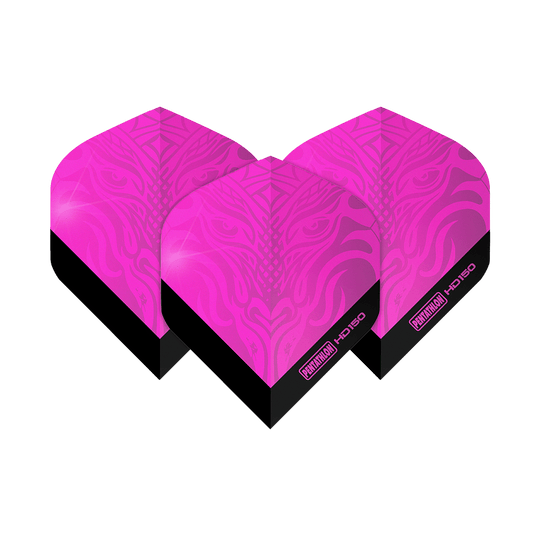 Volets standard Pentathlon HD150 rose métallisé Das Bild zeigt drei Pentathlon HD150 Metallic Pink Standard Flights. Die Flights sind leuchtend pink mit einem schwarzen unteren Rand und einem dekorativen Muster.