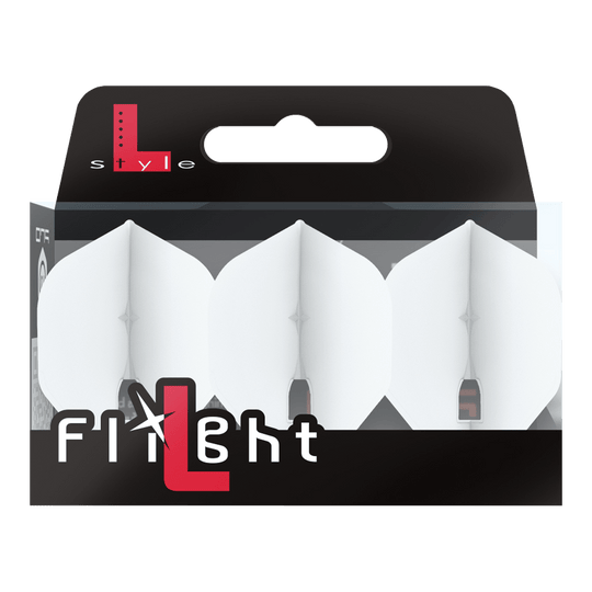 Auf dem Bild ist eine Packung mit drei weißen Dart-Flights zu sehen. Die Verpackung trägt die Aufschrift „L-style Flight“ und ist hauptsächlich schwarz und weiß gestaltet.
