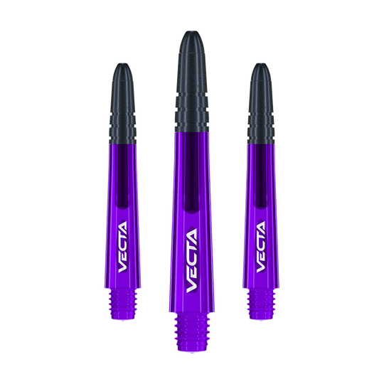 Tiges Winmau Vecta - Violet Noir Das Bild zeigt drei violett-schwarze Dartschäfte mit der Aufschrift "VECTA". Sie sind gleich lang und nebeneinander angeordnet.