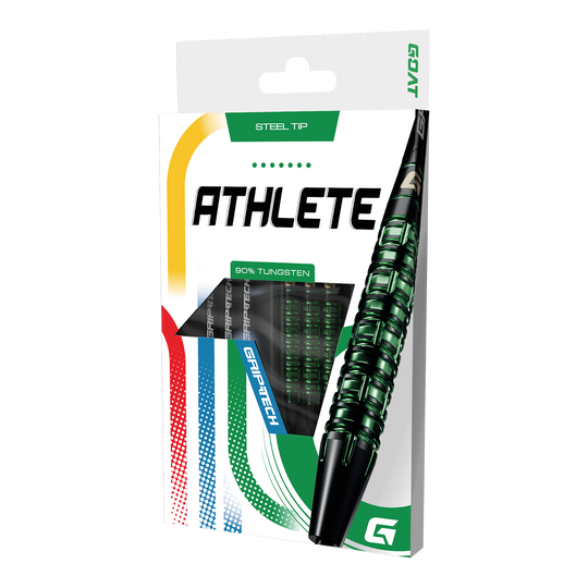 Dieses Bild stellt die GOAT Athlete Green Tungsten Steeldarts dar. Die Darts heben sich durch ihr grünes Design hervor.