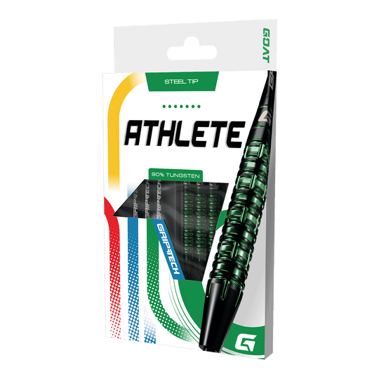 Fléchettes GOAT Athlete en acier tungstène vert Dieses Bild stellt die GOAT Athlete Green Tungsten Steeldarts dar. Die Darts heben sich durch ihr grünes Design hervor.