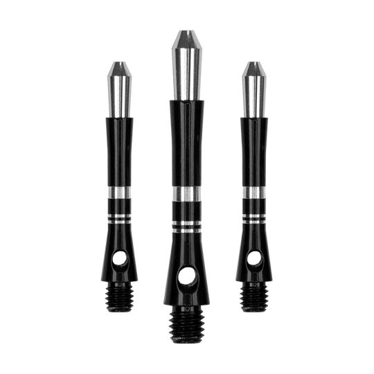 560_Target_Colette_Shafts_Schwarz_35mm_1 Das Bild zeigt drei schwarze Harrows Colette Shafts für Darts. Die Shafts sind aus Metall und haben silberne Akzente.