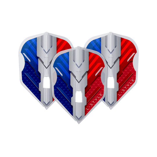 Vols L-Style V-Series V1 Type B France Blanc Transparent L3PRO Das Bild zeigt drei Dart-Flights mit einem modernen Design in den Farben Blau, Weiß und Rot. Auf den Flights steht der Schriftzug "L-Style".