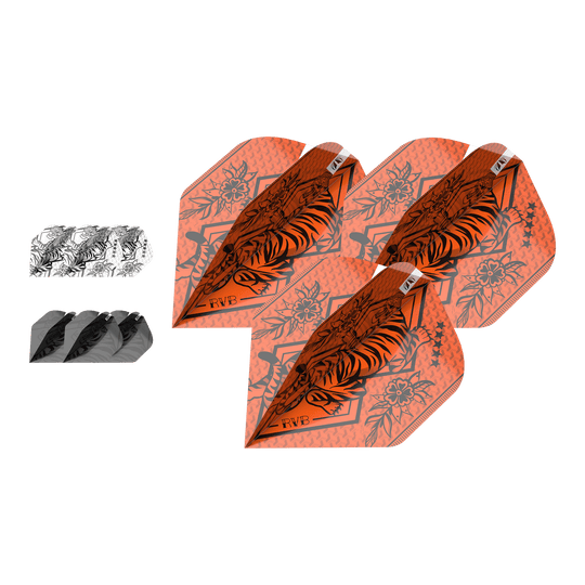 Das Bild zeigt drei Sätze Dartflights in verschiedenen Farben und Designs, darunter auffällige orangefarbene Flights mit Tiger-Motiv. Es handelt sich um das Produkt "Target Ink Bundle 3 Sets Raymond Van Barneveld No2 Standard Flights."