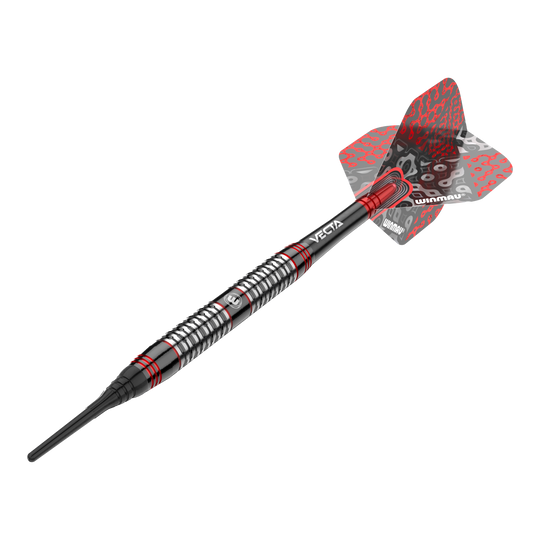 Fléchettes souples Winmau Cypher - 20 g Dies ist ein Winmau Cypher Softdart mit einem Gewicht von 20 Gramm. Der Dart hat ein modernes Design mit schwarzen, silbernen und roten Akzenten.