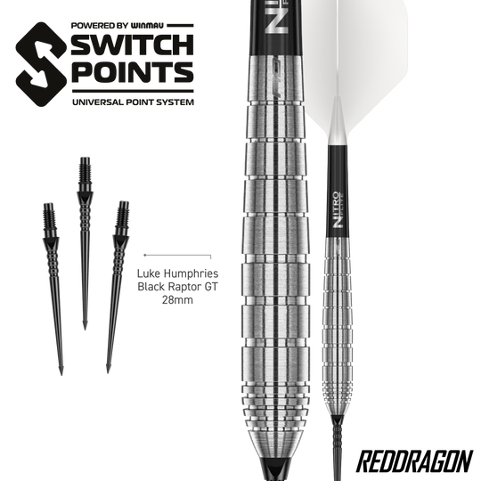 Das Bild zeigt die Red Dragon Luke Humphries TX1 Pioneer Switch Point Steeldarts. Diese Steeldarts sind hochwertig verarbeitet.