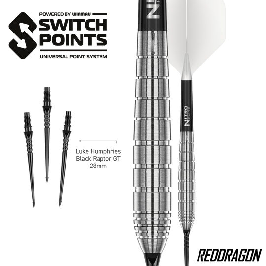 Fléchettes en acier Red Dragon Luke Humphries TX1 Pioneer Switch Point Das Bild zeigt die Red Dragon Luke Humphries TX1 Pioneer Switch Point Steeldarts. Diese Steeldarts sind hochwertig verarbeitet.