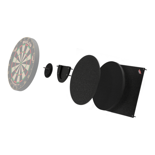 Silencieux de cible de fléchettes Bulls NL Das Bild zeigt das Produkt "Bulls NL Dartboard Silencer" in einer Explosionszeichnung. Die verschiedenen Teile sind einzeln dargestellt, darunter das Dartboard und mehrere schallabsorbierende Schichten.