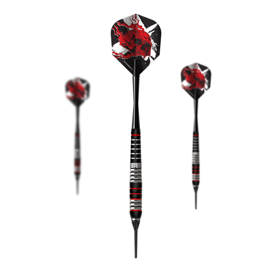 Fléchettes souples en laiton Ryan Searle Harrows Heavy Metal Dieses Bild präsentiert ein Set der Harrows Heavy Metal Ryan Searle Brass Softdarts. Das Set besteht aus mehreren Softdarts, die zusammen angeordnet sind.