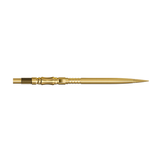 Pointes de fléchettes Harrows Quick Point Axis Elite Series - Or Zwei lange, goldene Dartspitzen werden seitlich gezeigt. Beide Spitzen liegen parallel auf einer hellen Fläche.