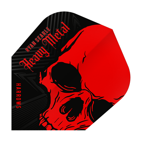 Vols Heavy Metal No6 de Ryan Searle de Harrow Das Bild zeigt ein Dart-Flight mit einem auffälligen roten Totenkopf-Design. Oben steht der Name "Ryan Searle Heavy Metal" und an der Seite ist "Harrows" zu lesen.