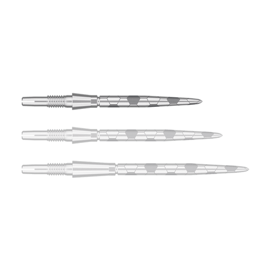 Das Bild zeigt drei silberne Dartspitzen mit einem sechseckigen Muster. Sie sind parallel nebeneinander angeordnet und haben eine glatte, metallische Oberfläche.