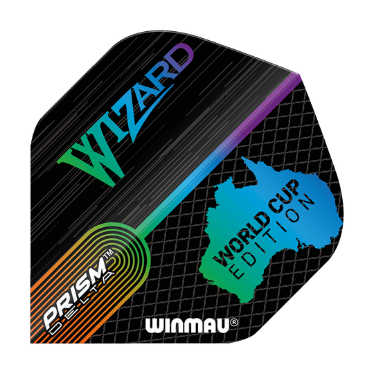 Das Bild zeigt das Produkt "Winmau Simon Whitlock World Cup Special Edition Standard Flights". Das Flight-Design ist bunt mit den Aufschriften "Wizard", "World Cup Edition" und "Prism Delta".