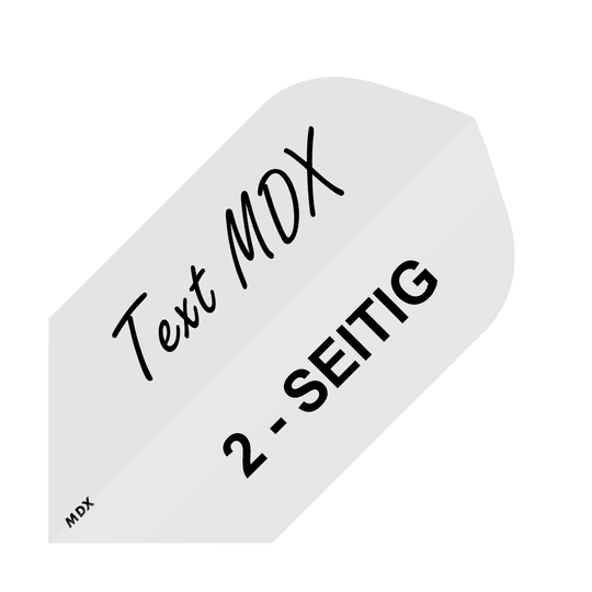 Das Bild zeigt ein Beispiel für bedruckte Dart-Flights mit individuellem Wunschtext. Auf dem Flight steht "Text MDX" und "2-SEITIG".