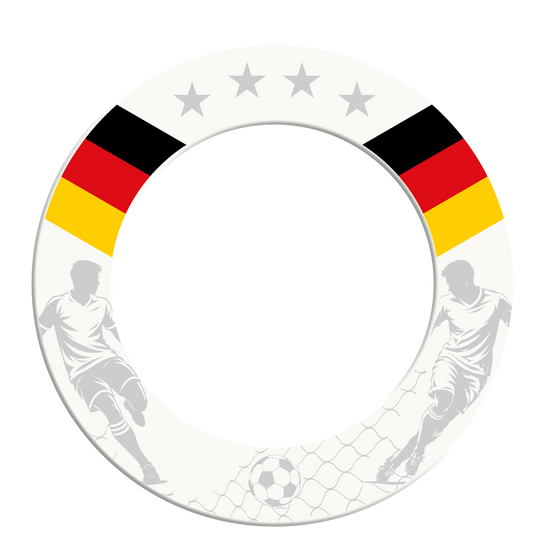 Cadre de cible de fléchettes de football McDart Gezeigt wird die McDart Fußball Dartboard Surround. Diese Umrandung schützt die Wand und bringt Fußball-Design an das Dartboard.