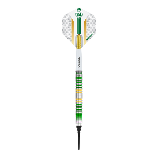 Fléchettes souples Winmau Xenon - 20 g Dies ist ein Winmau Xenon Softdart mit einem Gewicht von 20 Gramm. Der Dart hat ein modernes Design mit grünen, weißen und goldenen Akzenten.