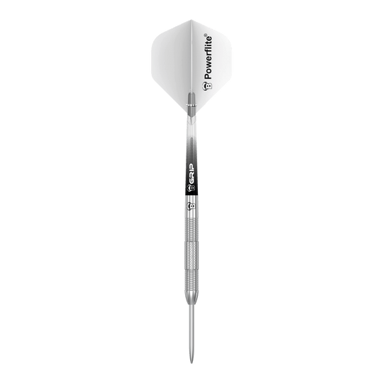 Auf dem Bild ist ein Bulls Challenger Sascha Stuhlemmer Steeldart mit 23g zu sehen. Der Dartpfeil ist silberfarben und hat weiße Flights mit der Aufschrift "Powerflite".