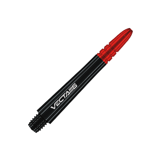 7025_207_Winmau_Vecta_Blade6_Shafts_46mm_2 Auf dem Bild ist ein Winmau Vecta Shaft - Blade 6 zu sehen. Der Schaft ist schwarz mit roten Akzenten und dem Schriftzug "Vecta IIII6".
