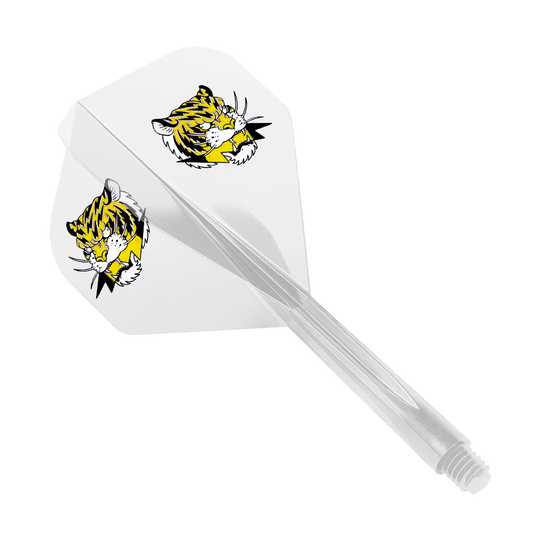 Condor AX Inazuma Tiger Mix Flight System Jaune Clair - Standard Das Bild zeigt das Produkt "Condor AXE Inazuma Tiger Mix Flight-System Yellow Clear - Standard". Auf dem weißen Flight sind zwei gelbe Tigerköpfe abgebildet.