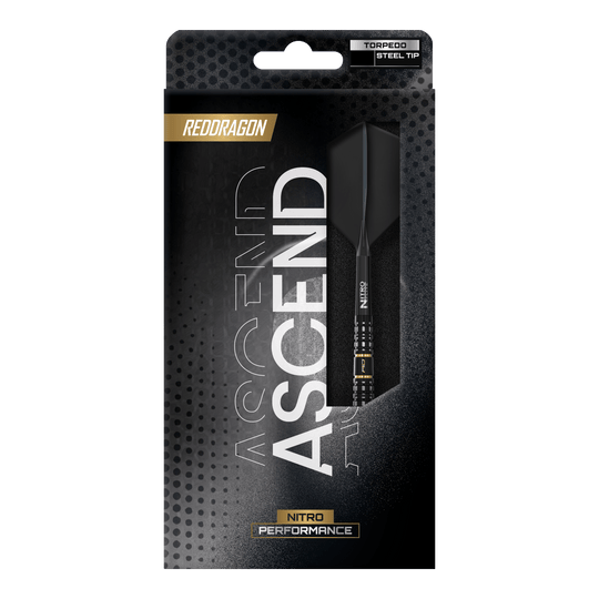 Fléchettes en acier Red Dragon Ascend Torpedo Dargestellt sind die Red Dragon Ascend Torpedo Steeldarts. Das Bild fokussiert auf die Form und Struktur der Darts.