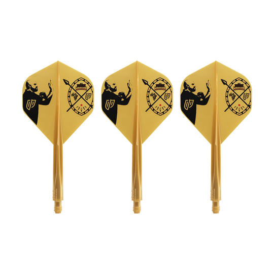 Système de vol Condor AX Devon Petersen Inspiration - Standard Auf dem Bild sind drei gelbe Dart-Flights mit schwarzem Motiv zu sehen. Sie tragen das Design des Condor AXE Devon Petersen Inspiration Flight-Systems in Standardform.