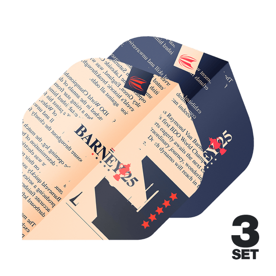 Target ProUltra Raymond Van Barneveld Barney25 Vols Standard Das Bild zeigt die Target ProUltra Raymond Van Barneveld Barney25 Standard Flights in einem auffälligen Design. In der rechten unteren Ecke steht "3 SET", was darauf hinweist, dass drei Sätze enthalten sind.