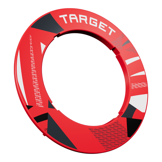 Cadre de cible à motifs crantés Eine rote Dartboard-Umrandung mit Muster ist frontal abgebildet. Die Umrandung wirkt kontrastreich.